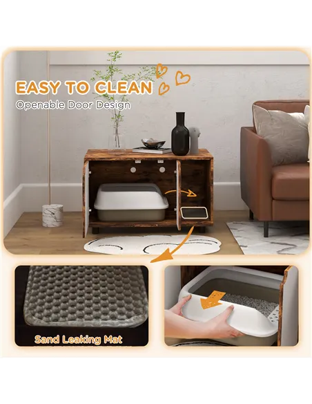 PawHut Hidden Cat Litter Box Furniture, with Sand Drain Pad - Rustic Brown