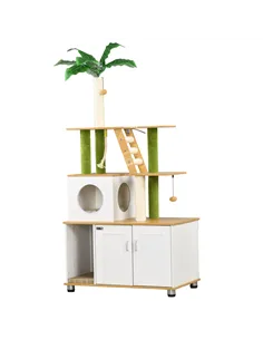 PawHut 2-in-1 Hidden Cat Litter Box, Green Leaf Cat Tree, with House, Ladder, Scratching Posts, Platforms, Indoors -Oak