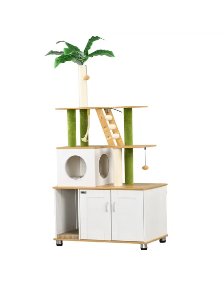 PawHut 2-in-1 Hidden Cat Litter Box, Green Leaf Cat Tree, with House, Ladder, Scratching Posts, Platforms, Indoors -Oak