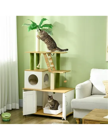 PawHut 2-in-1 Hidden Cat Litter Box, Green Leaf Cat Tree, with House, Ladder, Scratching Posts, Platforms, Indoors -Oak