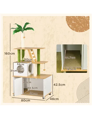 PawHut 2-in-1 Hidden Cat Litter Box, Green Leaf Cat Tree, with House, Ladder, Scratching Posts, Platforms, Indoors -Oak