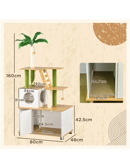 PawHut 2-in-1 Hidden Cat Litter Box, Green Leaf Cat Tree, with House, Ladder, Scratching Posts, Platforms, Indoors -Oak