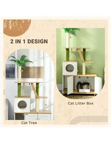 PawHut 2-in-1 Hidden Cat Litter Box, Green Leaf Cat Tree, with House, Ladder, Scratching Posts, Platforms, Indoors -Oak