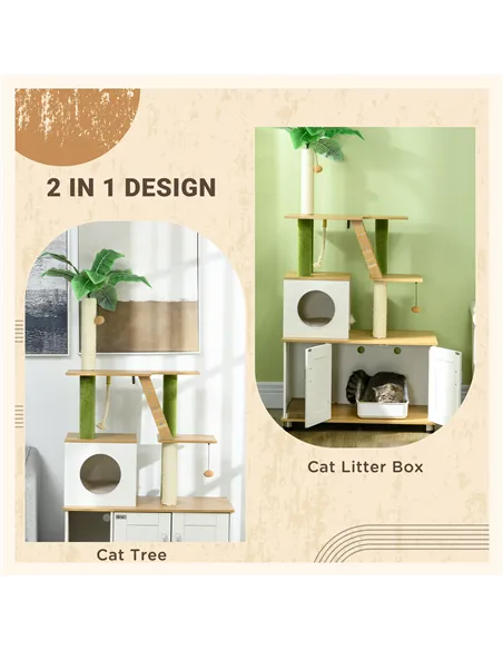 PawHut 2-in-1 Hidden Cat Litter Box, Green Leaf Cat Tree, with House, Ladder, Scratching Posts, Platforms, Indoors -Oak
