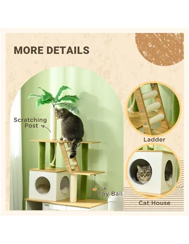 PawHut 2-in-1 Hidden Cat Litter Box, Green Leaf Cat Tree, with House, Ladder, Scratching Posts, Platforms, Indoors -Oak