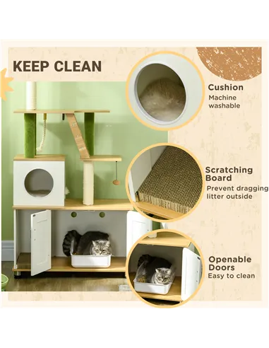 PawHut 2-in-1 Hidden Cat Litter Box, Green Leaf Cat Tree, with House, Ladder, Scratching Posts, Platforms, Indoors -Oak