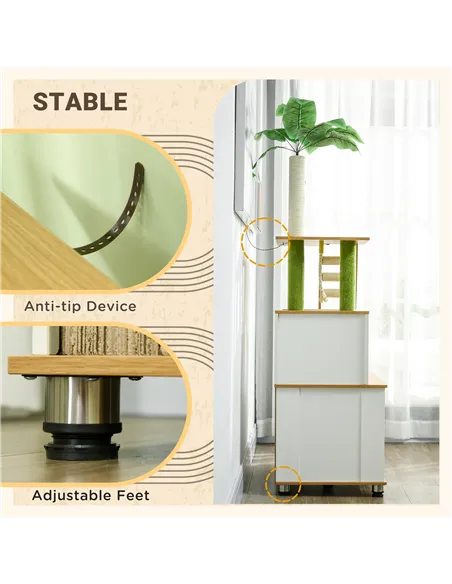 PawHut 2-in-1 Hidden Cat Litter Box, Green Leaf Cat Tree, with House, Ladder, Scratching Posts, Platforms, Indoors -Oak