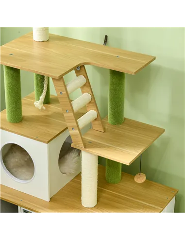 PawHut 2-in-1 Hidden Cat Litter Box, Green Leaf Cat Tree, with House, Ladder, Scratching Posts, Platforms, Indoors -Oak