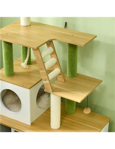 PawHut 2-in-1 Hidden Cat Litter Box, Green Leaf Cat Tree, with House, Ladder, Scratching Posts, Platforms, Indoors -Oak