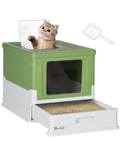 PawHut Hooded Cat Litter Box, Portable Pet Toilet, with Scoop, Front Entry - Light Green