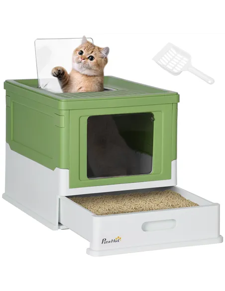 PawHut Hooded Cat Litter Box, Portable Pet Toilet, with Scoop, Front Entry - Light Green