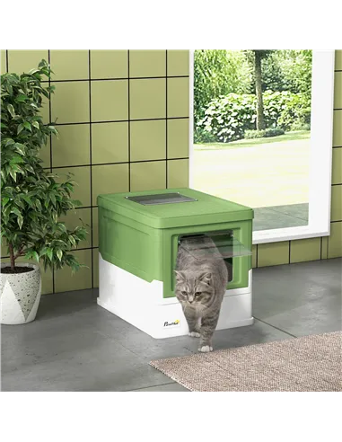 PawHut Hooded Cat Litter Box, Portable Pet Toilet, with Scoop, Front Entry - Light Green