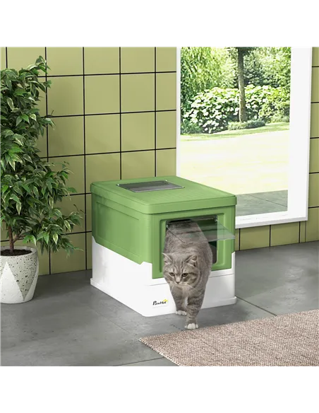 PawHut Hooded Cat Litter Box, Portable Pet Toilet, with Scoop, Front Entry - Light Green