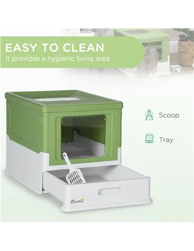PawHut Hooded Cat Litter Box, Portable Pet Toilet, with Scoop, Front Entry - Light Green
