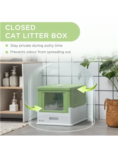 PawHut Hooded Cat Litter Box, Portable Pet Toilet, with Scoop, Front Entry - Light Green