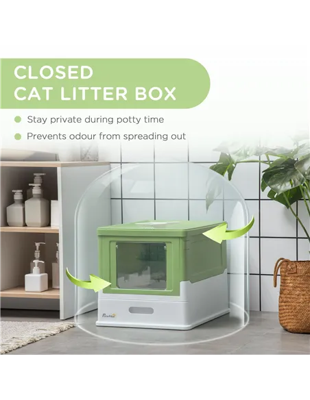 PawHut Hooded Cat Litter Box, Portable Pet Toilet, with Scoop, Front Entry - Light Green
