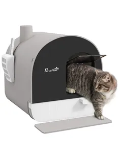 PawHut Hooded Cat Litter Box, Kitten Litter Tray, with Lid, Scoop, Filter, Flap Door, Light Grey