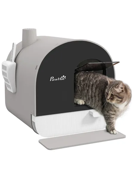 PawHut Hooded Cat Litter Box, Kitten Litter Tray, with Lid, Scoop, Filter, Flap Door, Light Grey
