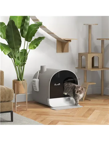 PawHut Hooded Cat Litter Box, Kitten Litter Tray, with Lid, Scoop, Filter, Flap Door, Light Grey