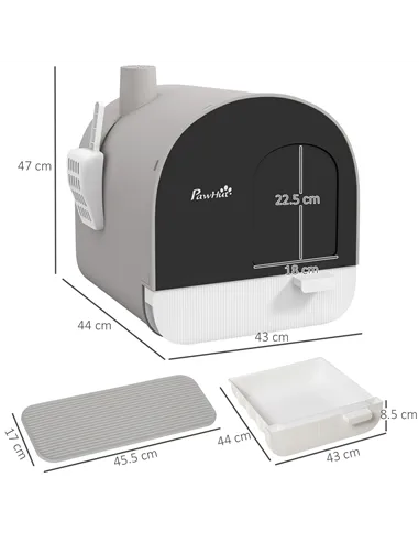 PawHut Hooded Cat Litter Box, Kitten Litter Tray, with Lid, Scoop, Filter, Flap Door, Light Grey
