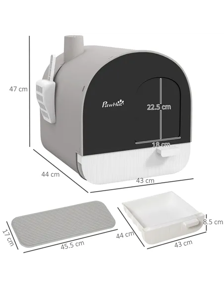 PawHut Hooded Cat Litter Box, Kitten Litter Tray, with Lid, Scoop, Filter, Flap Door, Light Grey