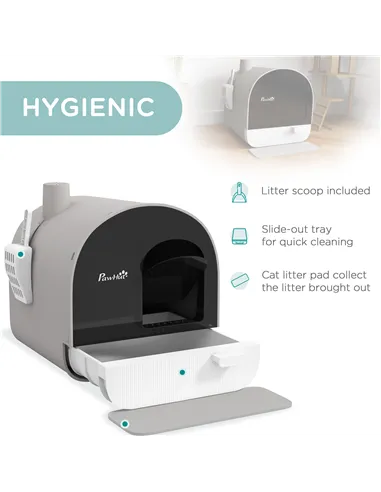 PawHut Hooded Cat Litter Box, Kitten Litter Tray, with Lid, Scoop, Filter, Flap Door, Light Grey