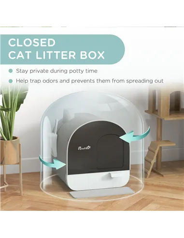 PawHut Hooded Cat Litter Box, Kitten Litter Tray, with Lid, Scoop, Filter, Flap Door, Light Grey