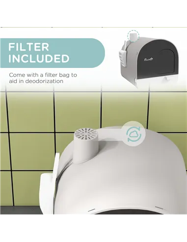 PawHut Hooded Cat Litter Box, Kitten Litter Tray, with Lid, Scoop, Filter, Flap Door, Light Grey