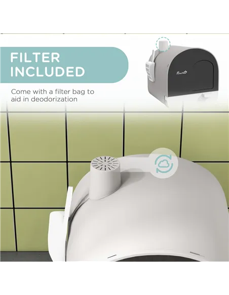 PawHut Hooded Cat Litter Box, Kitten Litter Tray, with Lid, Scoop, Filter, Flap Door, Light Grey