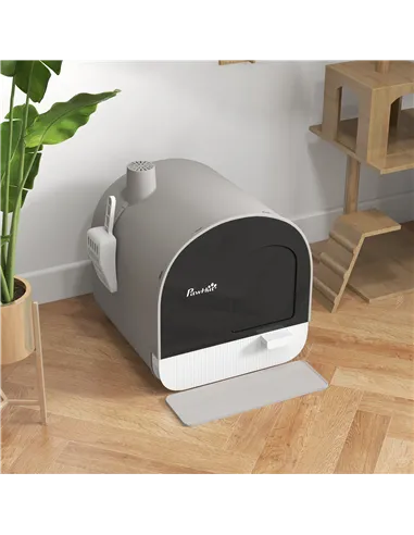 PawHut Hooded Cat Litter Box, Kitten Litter Tray, with Lid, Scoop, Filter, Flap Door, Light Grey