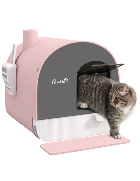 PawHut Hooded Cat Litter Box, Kitten Litter Tray, with Lid, Scoop, Filter, Flap Door, Pink