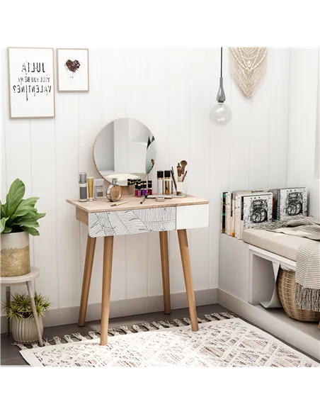 HOMCOM Dressing Table with Drawer and Mirror height adjustable Wooden Oak Color  Bedroom Dressing Room Elegant and Durable