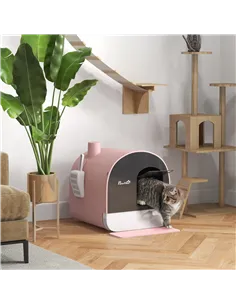 PawHut Hooded Cat Litter Box, Kitten Litter Tray, with Lid, Scoop, Filter, Flap Door, Pink 2
