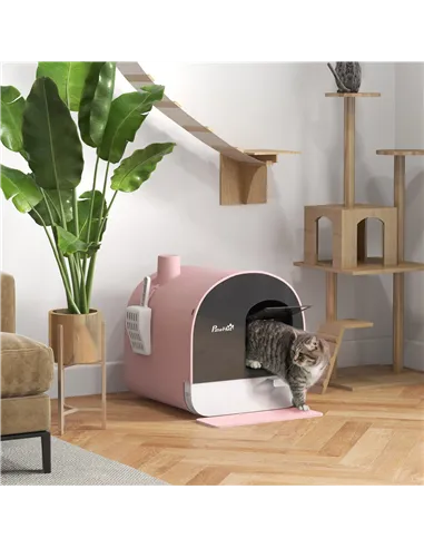 PawHut Hooded Cat Litter Box, Kitten Litter Tray, with Lid, Scoop, Filter, Flap Door, Pink
