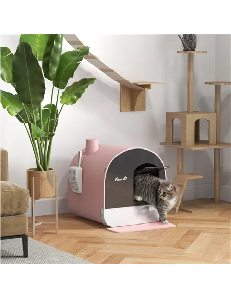 PawHut Hooded Cat Litter Box, Kitten Litter Tray, with Lid, Scoop, Filter, Flap Door, Pink
