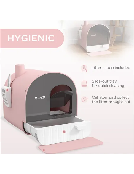 PawHut Hooded Cat Litter Box, Kitten Litter Tray, with Lid, Scoop, Filter, Flap Door, Pink