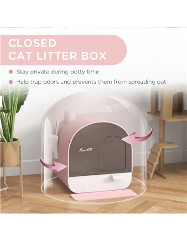 PawHut Hooded Cat Litter Box, Kitten Litter Tray, with Lid, Scoop, Filter, Flap Door, Pink