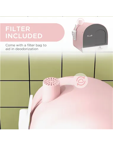 PawHut Hooded Cat Litter Box, Kitten Litter Tray, with Lid, Scoop, Filter, Flap Door, Pink