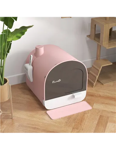 PawHut Hooded Cat Litter Box, Kitten Litter Tray, with Lid, Scoop, Filter, Flap Door, Pink