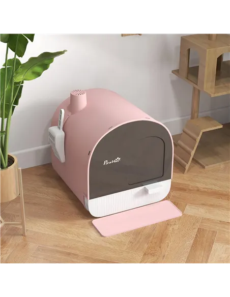 PawHut Hooded Cat Litter Box, Kitten Litter Tray, with Lid, Scoop, Filter, Flap Door, Pink