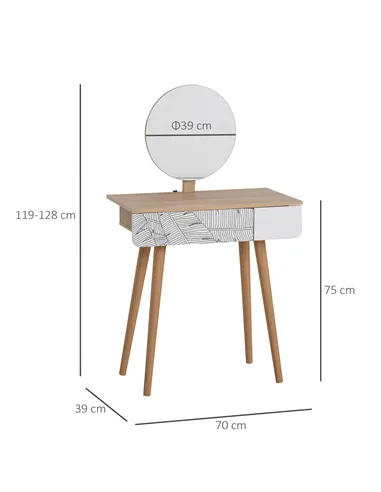 HOMCOM Dressing Table with Drawer and Mirror height adjustable Wooden Oak Color  Bedroom Dressing Room Elegant and Durable