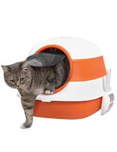 PawHut Foldable Cat Litter Tray with Lid, Deodorant, Scoop, Orange