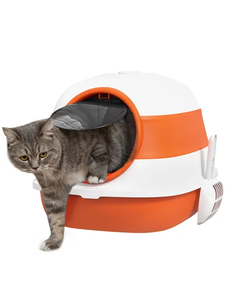 PawHut Foldable Cat Litter Tray with Lid, Deodorant, Scoop, Orange