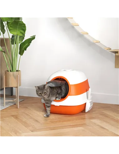 PawHut Foldable Cat Litter Tray with Lid, Deodorant, Scoop, Orange