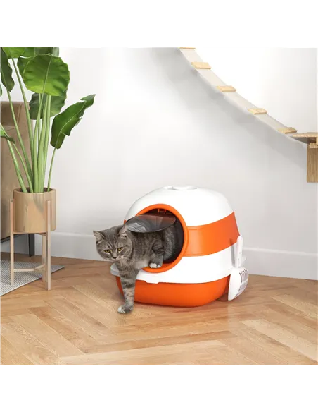 PawHut Foldable Cat Litter Tray with Lid, Deodorant, Scoop, Orange