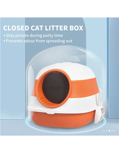 PawHut Foldable Cat Litter Tray with Lid, Deodorant, Scoop, Orange