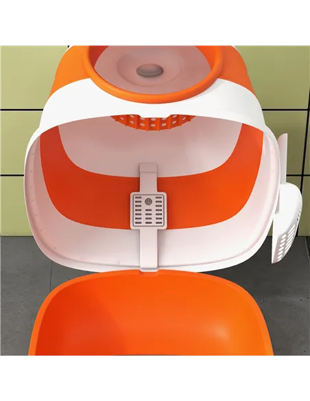 PawHut Foldable Cat Litter Tray with Lid, Deodorant, Scoop, Orange