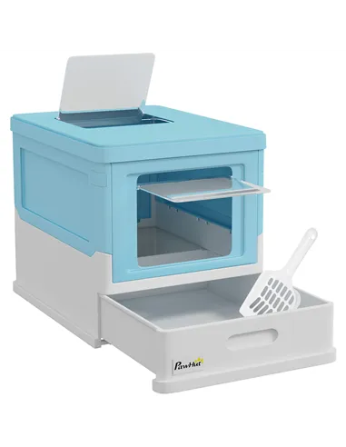 PawHut Hooded Cat Litter Box, Portable Pet Toilet, with Scoop, Front Entry - Light Blue