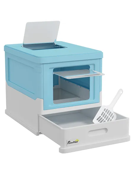 PawHut Hooded Cat Litter Box, Portable Pet Toilet, with Scoop, Front Entry - Light Blue