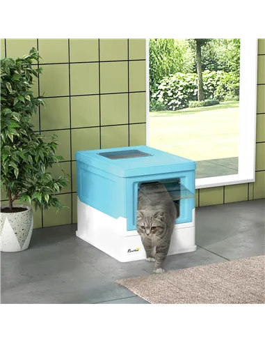 PawHut Hooded Cat Litter Box, Portable Pet Toilet, with Scoop, Front Entry - Light Blue